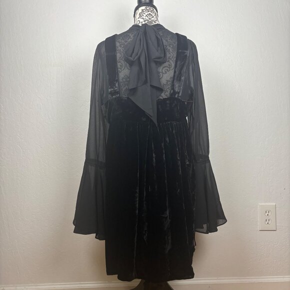 Free People L Black Velvet & Chiffon Dress Bell Sleeves Witchy Whimsigoth - Picture 2 of 5